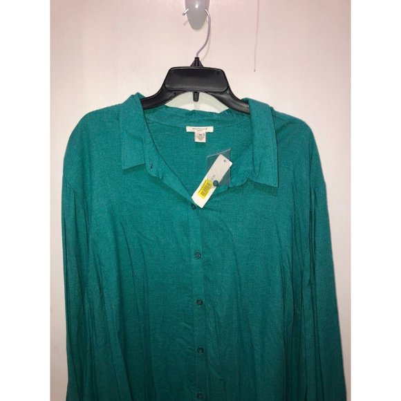 NWT Westbound Woman Plus SZ 3X Long Sleeve Button Up Peplum Hem Shirt Green NEW - Picture 2 of 3